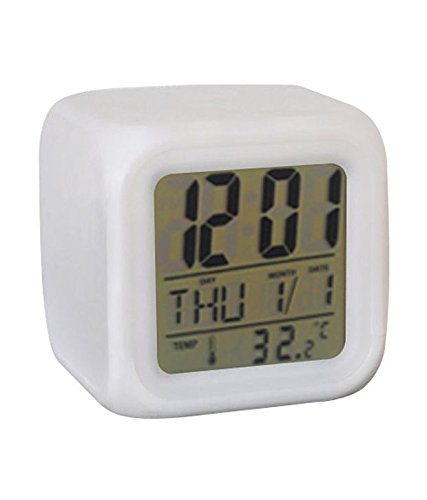 Plastic Abstract Alarm Clock with 7 Colour Changing Digital Display and Temperature (White, 7.5 x 7.5 x 7.5 cm)