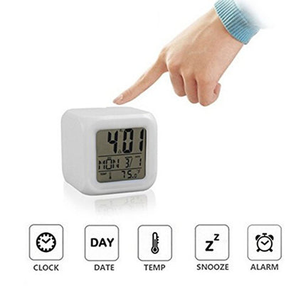 Plastic Abstract Alarm Clock with 7 Colour Changing Digital Display and Temperature (White, 7.5 x 7.5 x 7.5 cm)