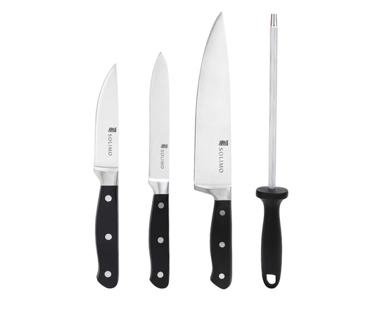 Solimo Premium High-Carbon Stainless Steel Kitchen Knife Set, 4-Pieces (with Sharpener), Silver