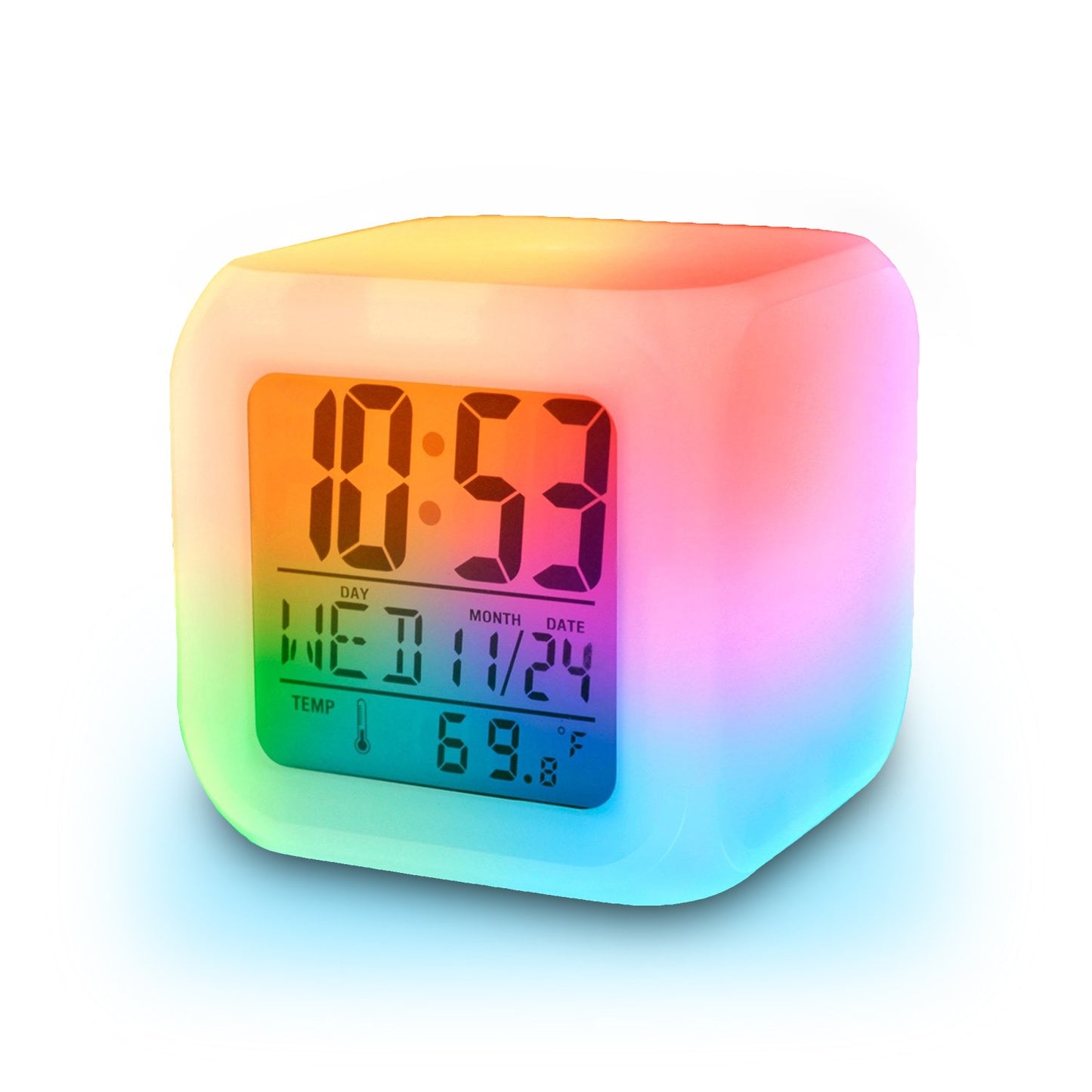 Plastic Abstract Alarm Clock with 7 Colour Changing Digital Display and Temperature (White, 7.5 x 7.5 x 7.5 cm)