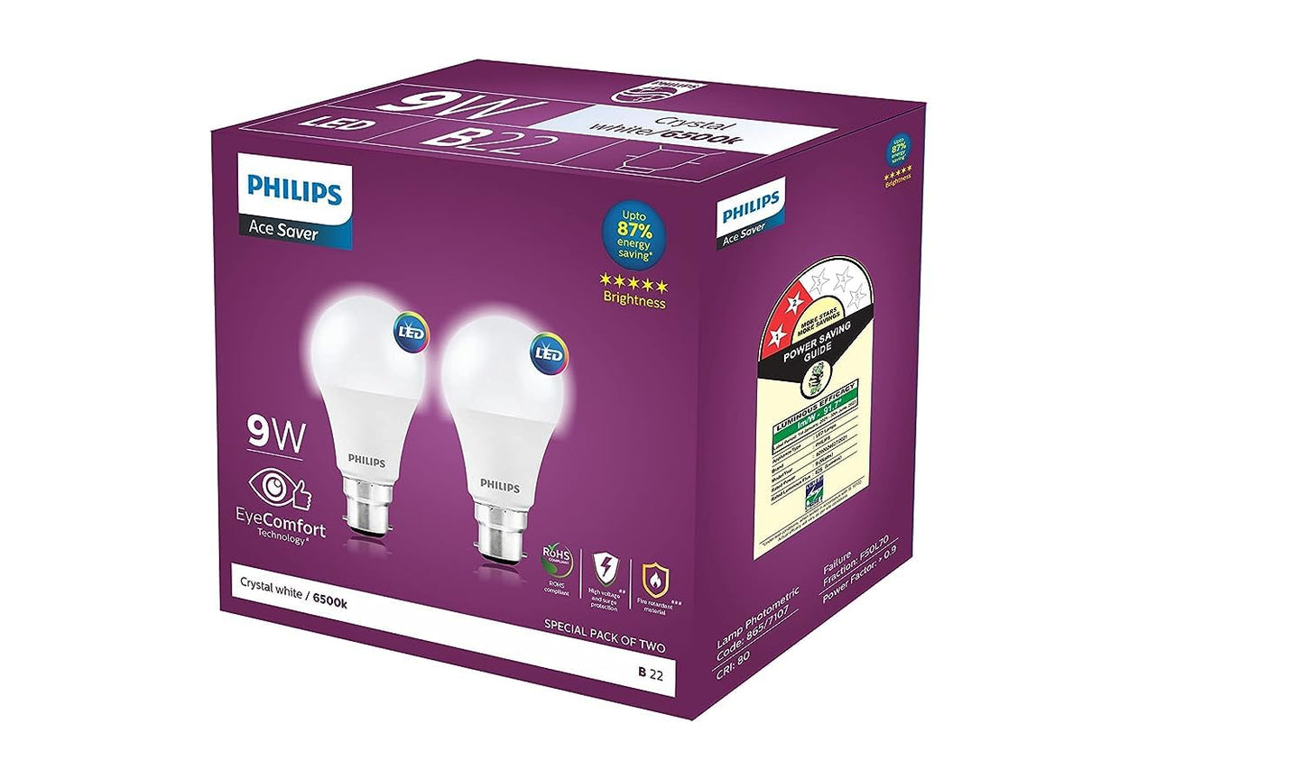 Philips 9-Watts Multipack B22 LED Cool Day White LED Bulb, Pack of 2, (Ace Saver)