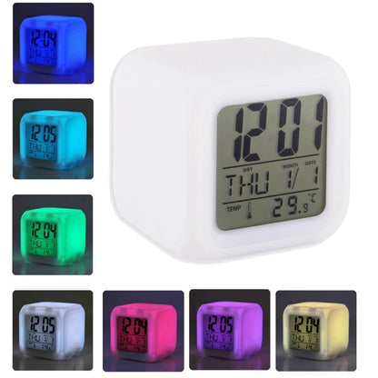 Plastic Abstract Alarm Clock with 7 Colour Changing Digital Display and Temperature (White, 7.5 x 7.5 x 7.5 cm)