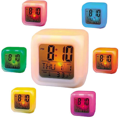 Plastic Abstract Alarm Clock with 7 Colour Changing Digital Display and Temperature (White, 7.5 x 7.5 x 7.5 cm)