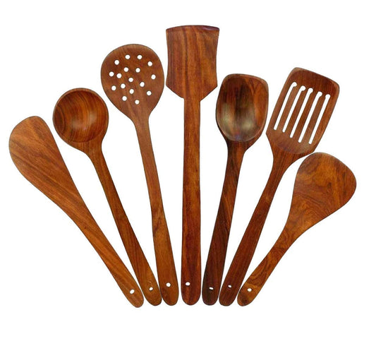 Wooden Serving And Cooking Spoons Wood Brown Spoons Kitchen Utensil Set Of 7 - 8.3 Cm