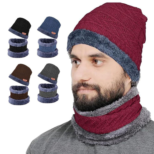 Wool Beanie Cap Scarf & Muffler for Mens & Women – Soft Thick Knitted Neck Woolen Muffler Warmer Biker Rider Climbing Sports Accessory for Men & Women (Random color)