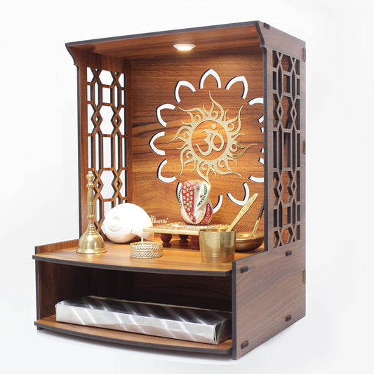 Mangal Beautiful Wooden Pooja Stand for Home Pooja Mandir for Home Temple for Home and Office Puja Mandir for Home Wall Mounted with LED Spot Light Size (H- 15.5, L- 11.5, W-11 Inch)